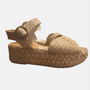 Robert Clergerie Raffia Espadrilles Wedge Platform Sandal Beige Size 7.5
